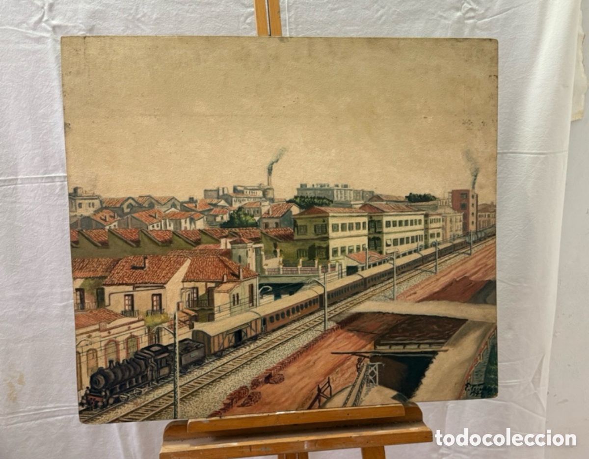 Kunst: &Oacute;leo sobre tablex paisaje urbano con tren estaci&oacute;n ferrocarril escuela espa&ntilde;ola (75X65cm).