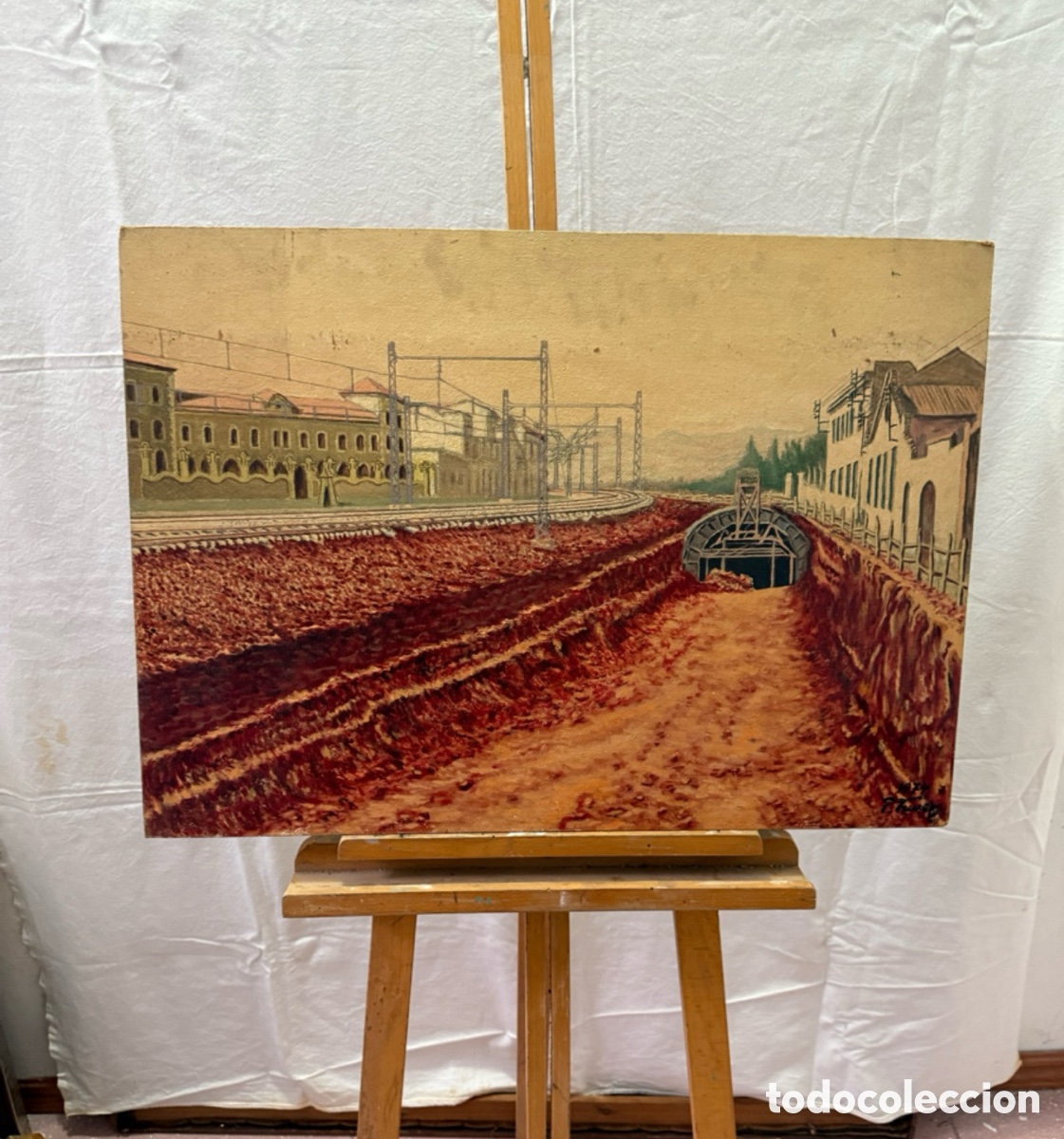Arte: &Oacute;leo sobre tablex estaci&oacute;n ferrocarril obra firmada escuela espa&ntilde;ola firma a estudiar (74X52 cm)
