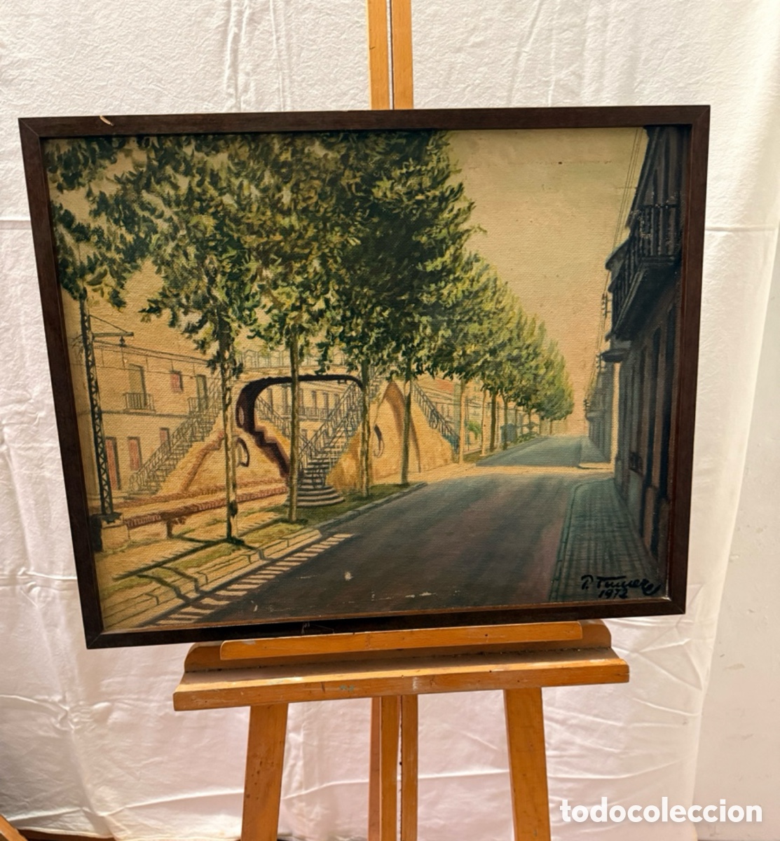 Art: &Oacute;leo sobre tablex estaci&oacute;n ferrocarril obra firmada 1972 escuela espa&ntilde;ola escena urbana (63X50 cm)