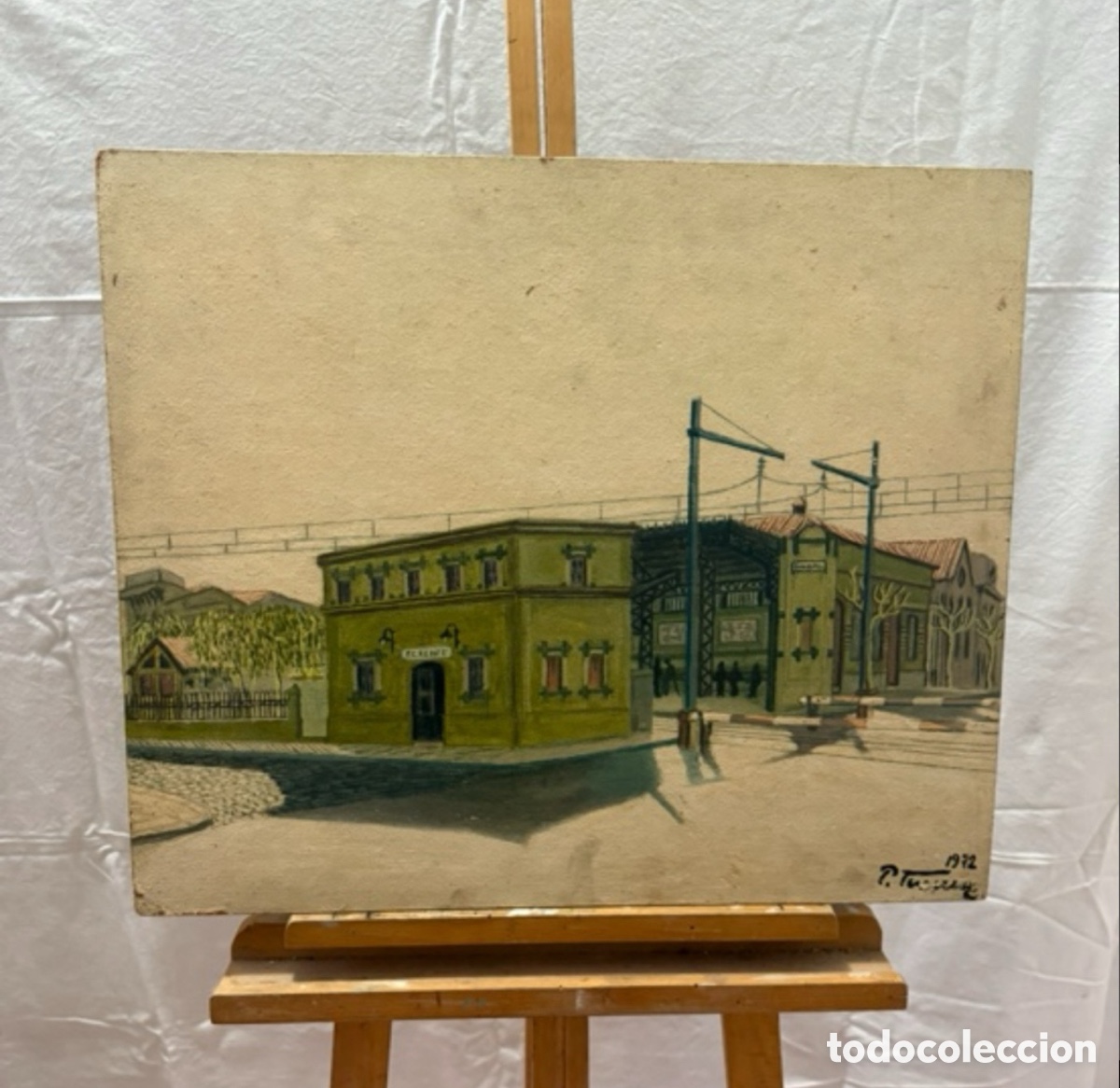 Kunst: &Oacute;leo sobre tablex firmado estaci&oacute;n RENFE escena ferroviaria colecci&oacute;n.