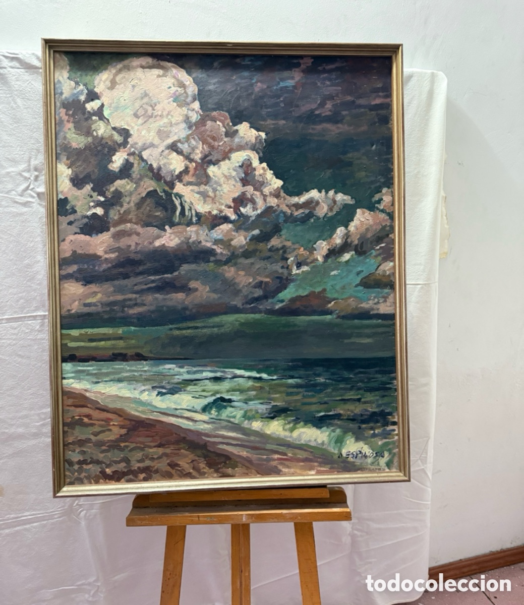 Kunst: &Oacute;leo sobre lienzo firmado Espinosa paisaje marino con oleaje y gran cielo expresivo. (94X76 cm)