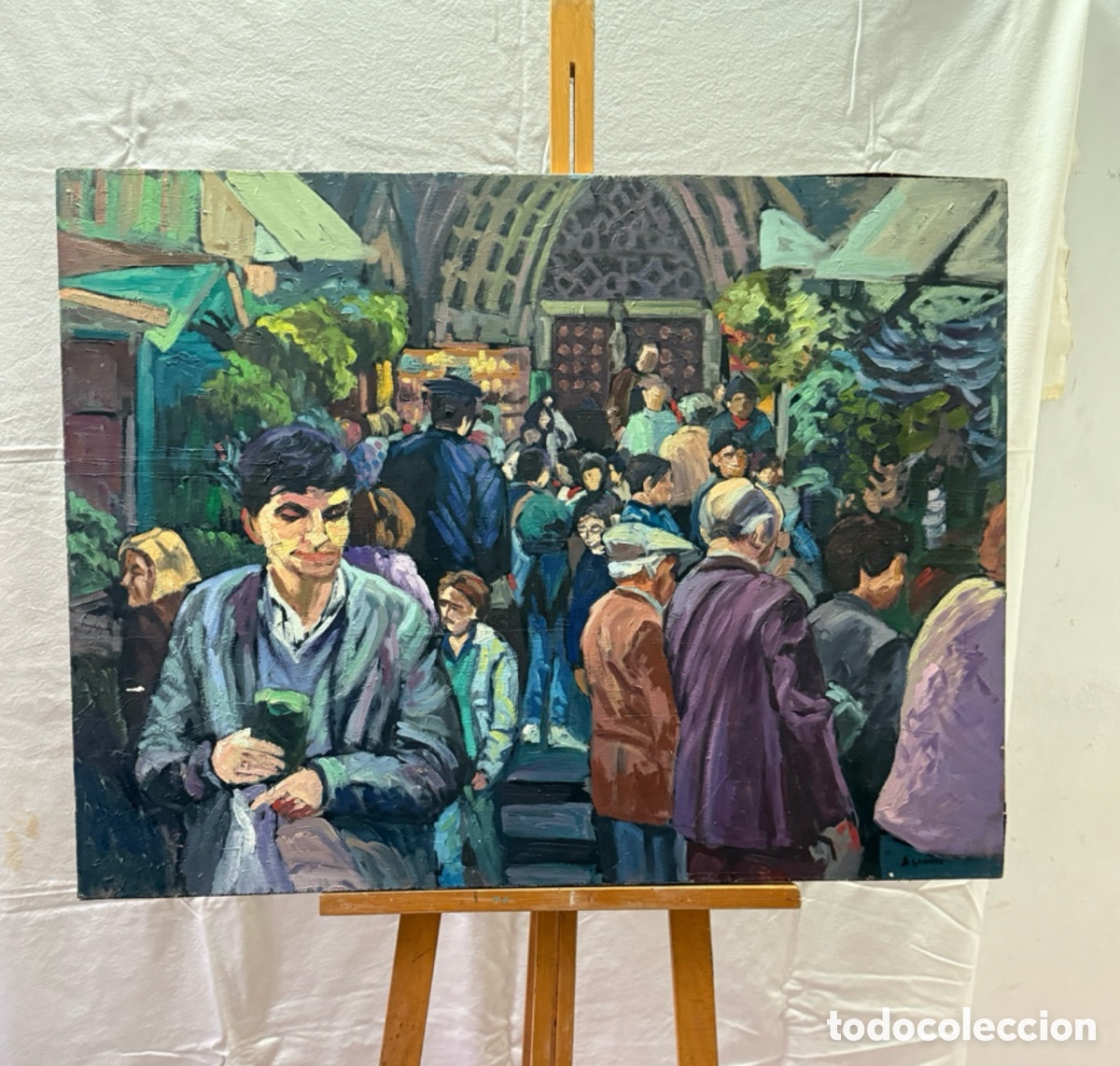 Kunst: Espinosa. &Oacute;leo escena de mercado con figuras estilo expresionista. Gran formato.