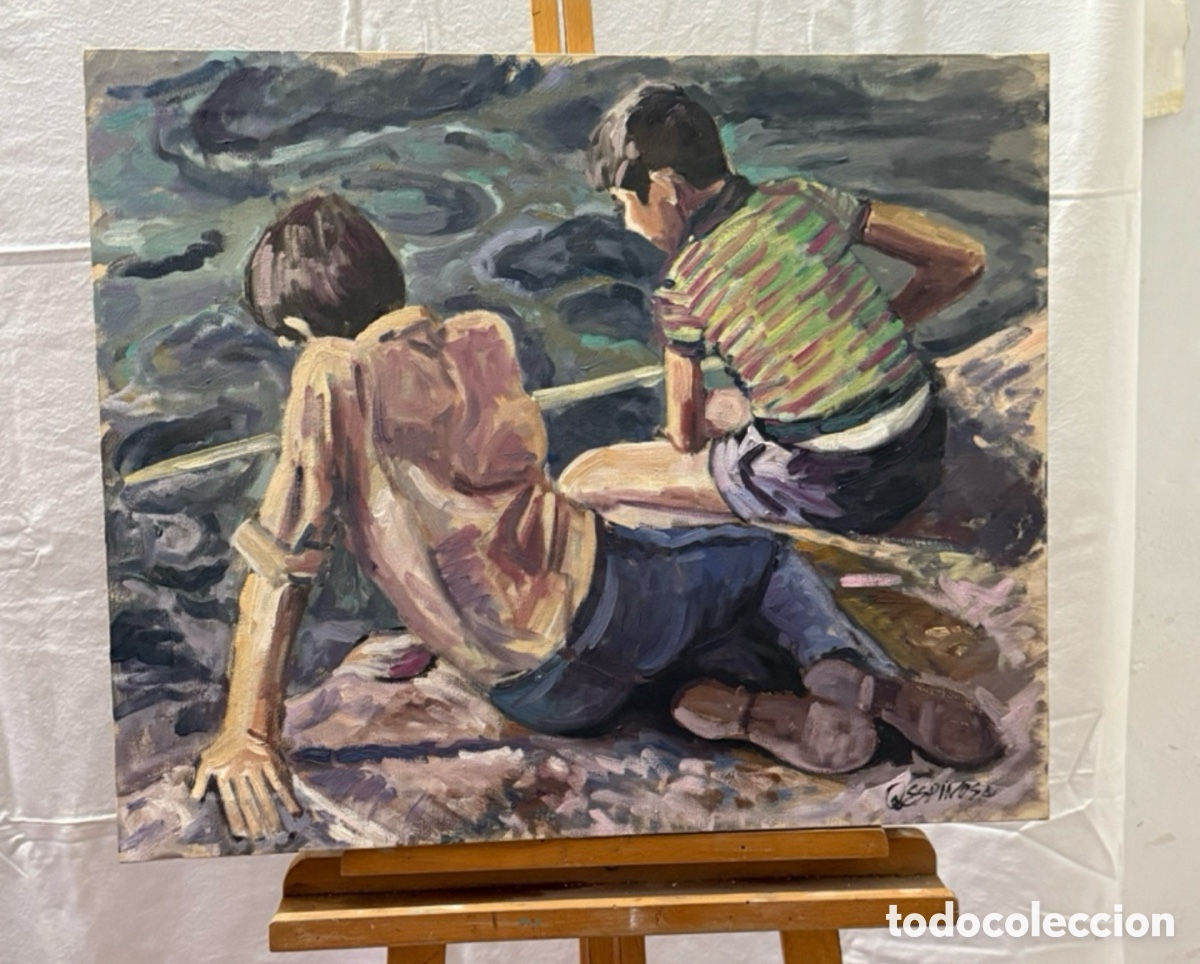 Art: &Oacute;leo firmado Espinosa escena infantil junto al agua gran calidad pict&oacute;rica