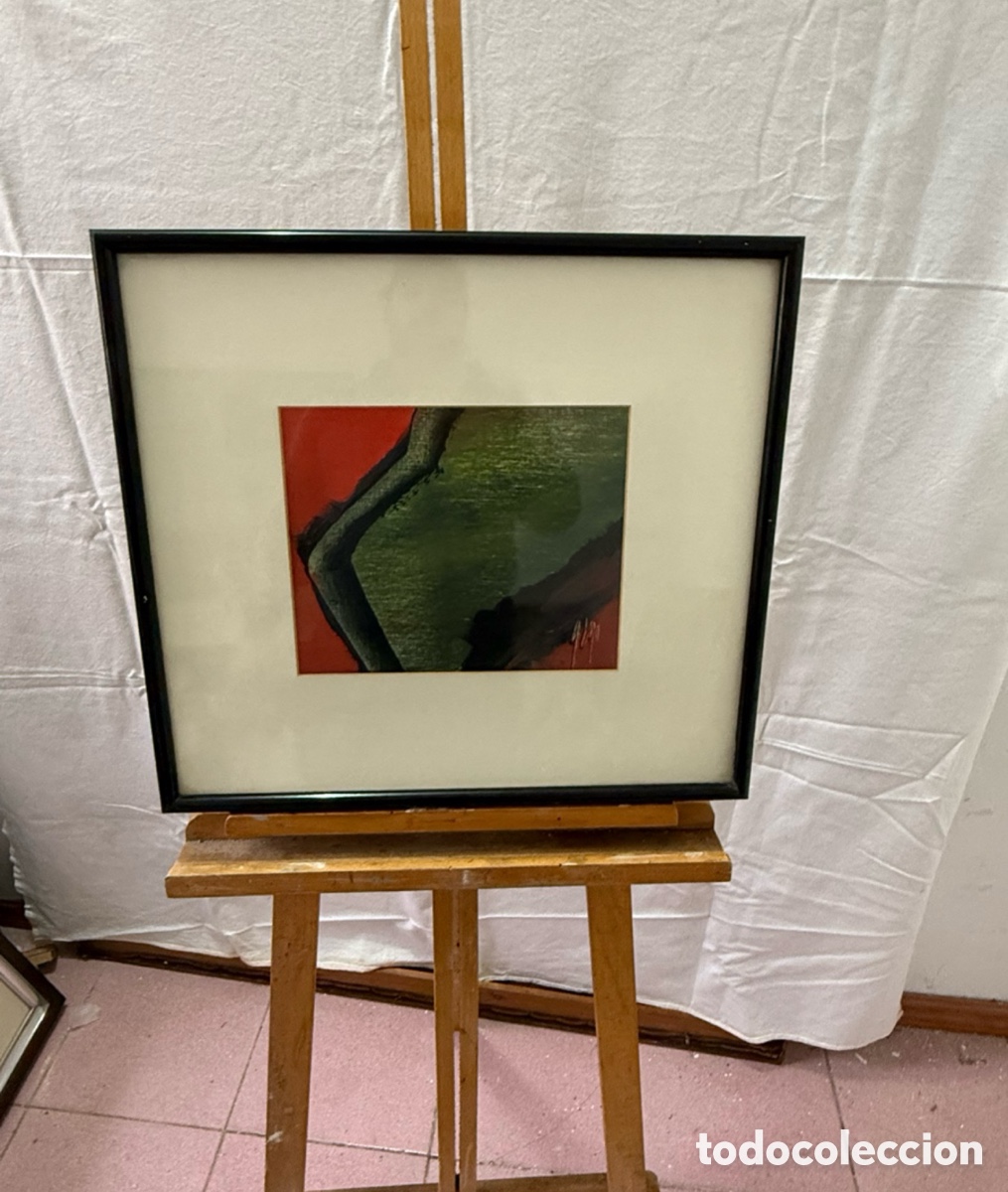 Kunst: Composici&oacute;n abstracta &oacute;leo sobre lienzo firmada tonos verdes y rojos enmarcada.