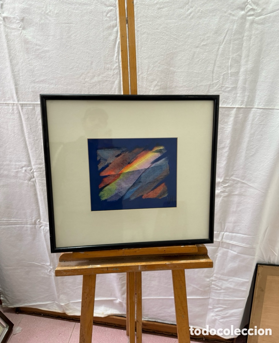 Kunst: Composici&oacute;n abstracta &oacute;leo sobre lienzo firmada tonos azules multicolor enmarcada.