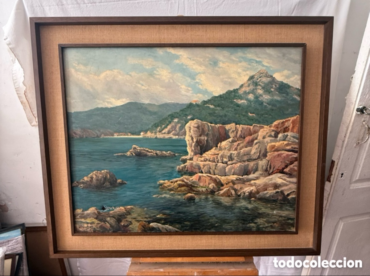 Kunst: &Oacute;leo sobre lienzo paisaje marino costa mediterr&aacute;nea firmado y fechado.