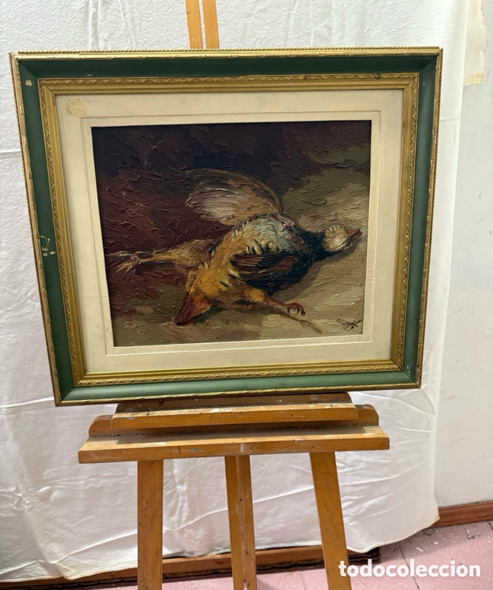 Arte: &Oacute;leo sobre tablex bodeg&oacute;n de caza firmado con marco siglo XX