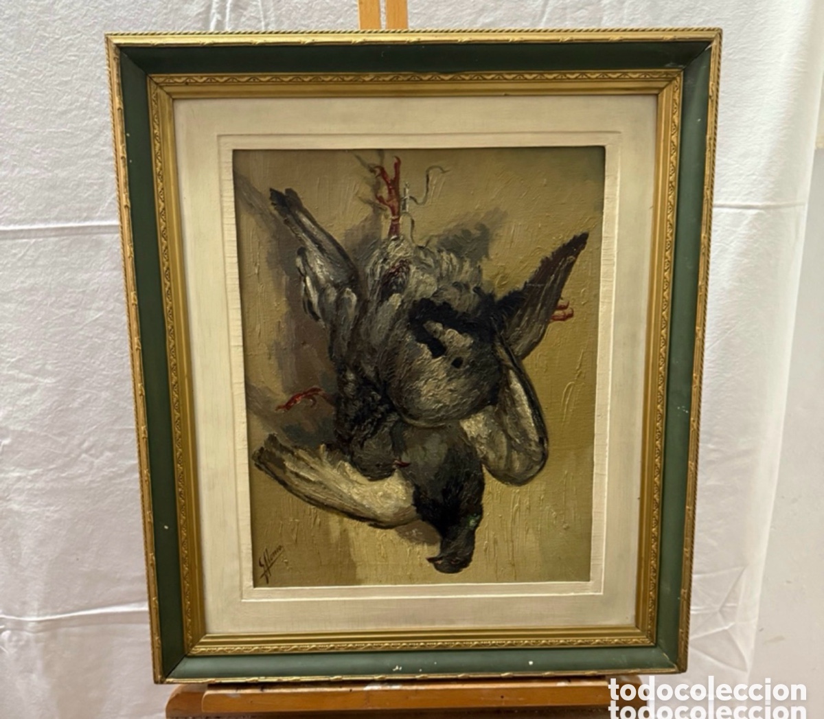 Arte: &Oacute;leo sobre tablex bodeg&oacute;n de caza firmado con marco siglo XX