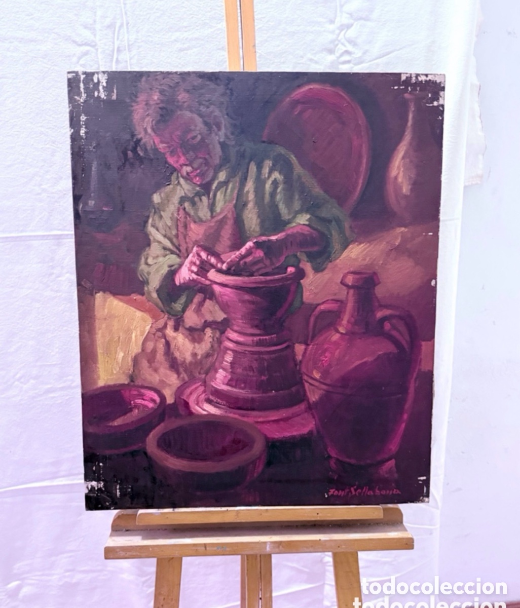 Arte: Josep Font Sellabona. &Oacute;leo sobre lienzo. Alfarero trabajando el barro