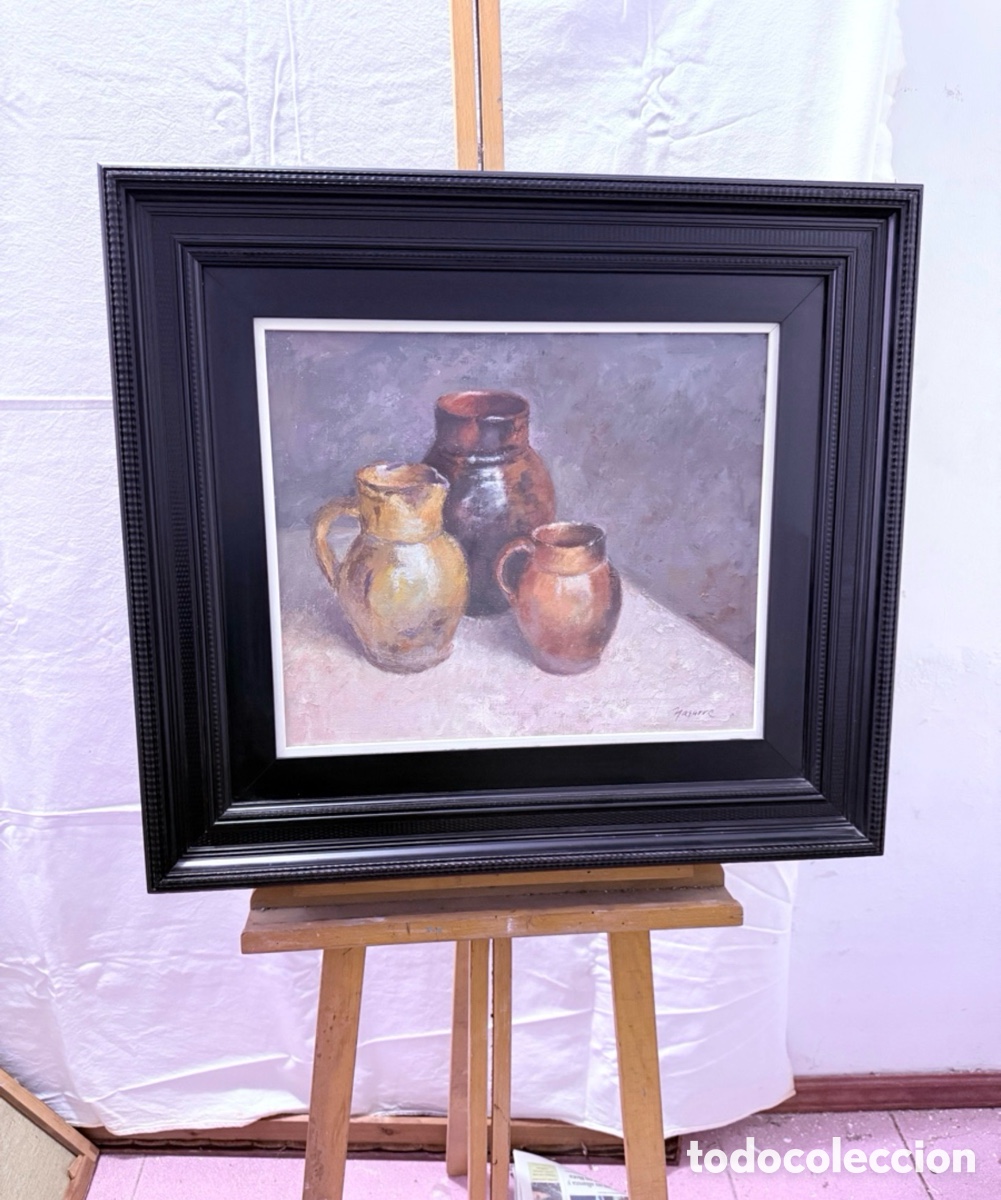 Arte: Bodeg&oacute;n con jarras de cer&aacute;mica. &Oacute;leo sobre lienzo firmado Nasarre