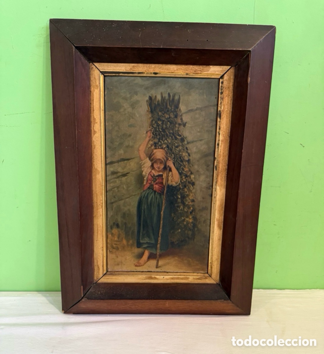 Arte: Antigua pintura al &oacute;leo sobre tablex - Escena campesina - Marco de madera