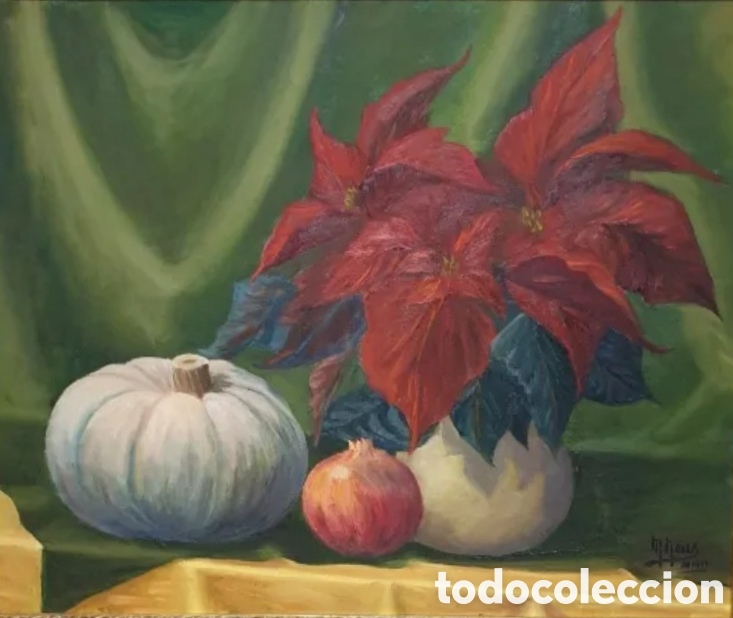 Arte: &Oacute;leo sobre tela Enmarcado Bodeg&oacute;n firmado M. Neus y fechado MMII