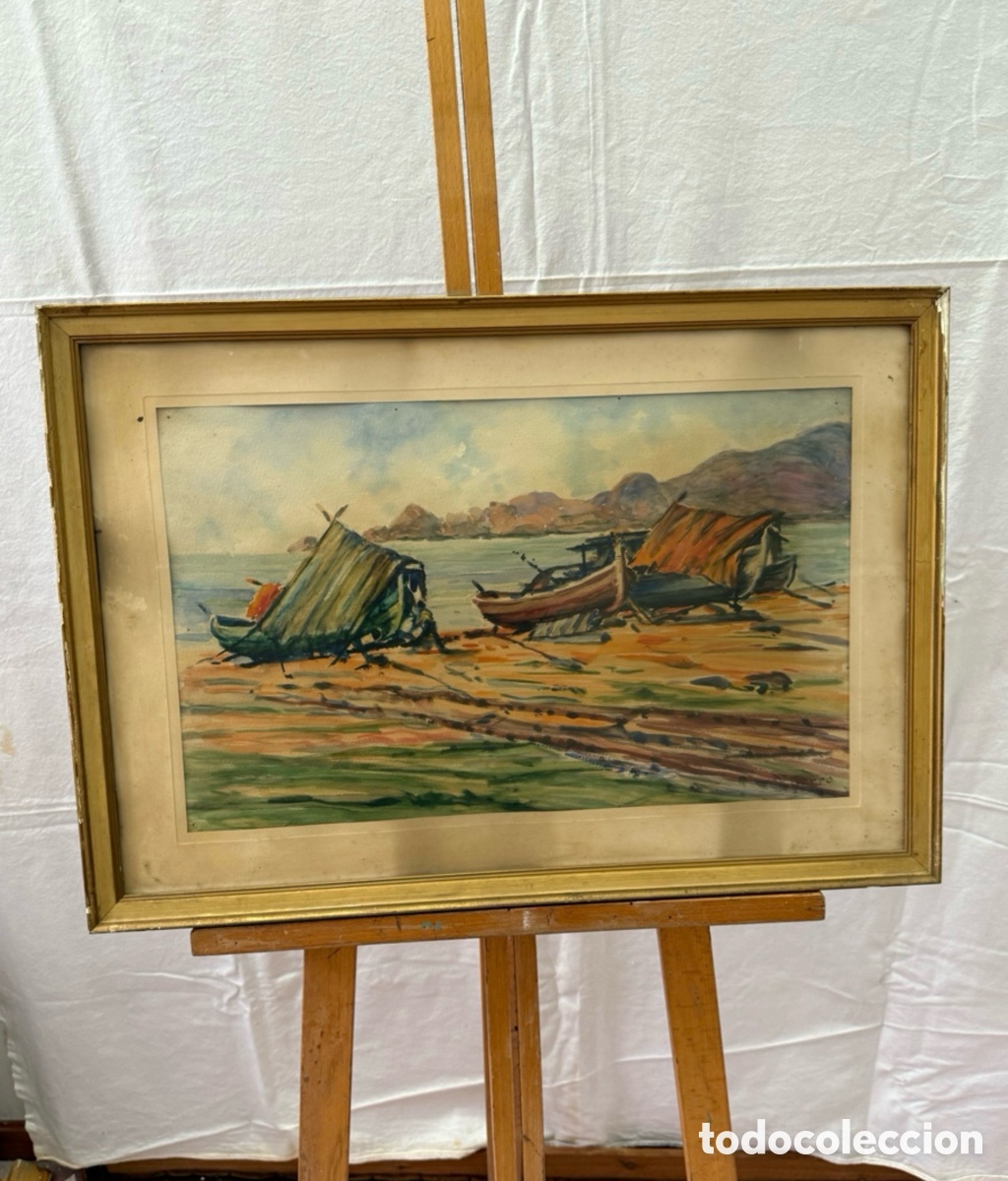 Kunst: Pere Gorro Costa acuarela escena calle enmarcada escuela catalana