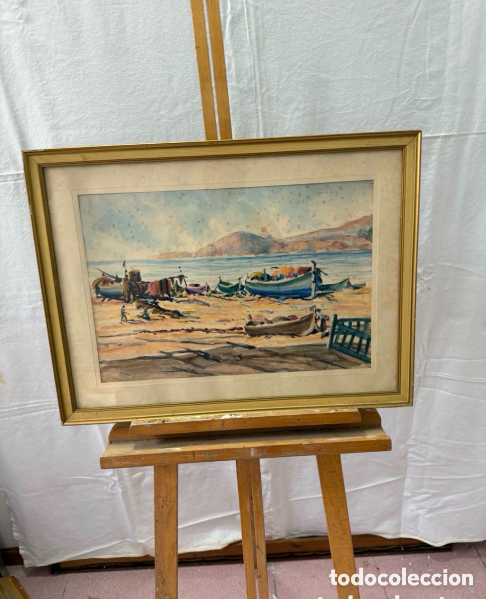 Kunst: Pere Gorro Costa acuarela escena marina con barcas enmarcada escuela catalana