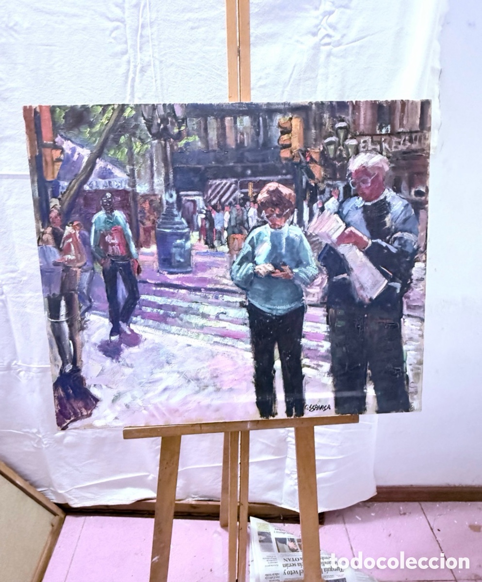 Arte: &Oacute;leo sobre lienzo escena urbana firmado A. Espinosa (73X60 cm)