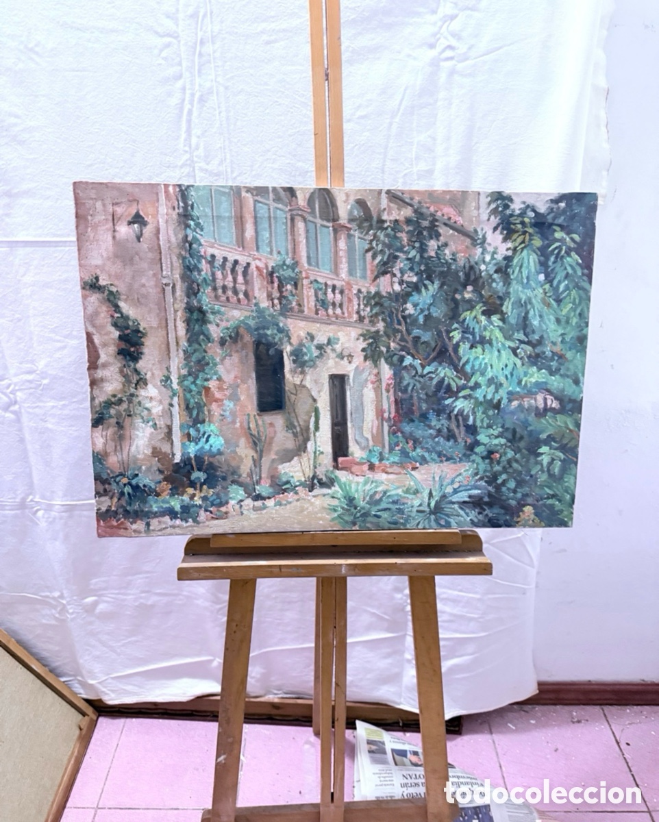 Arte: &Oacute;leo sobre lienzo patio con jard&iacute;n y casa mediterr&aacute;nea. Firmado Villarejo. 73X50 cm.