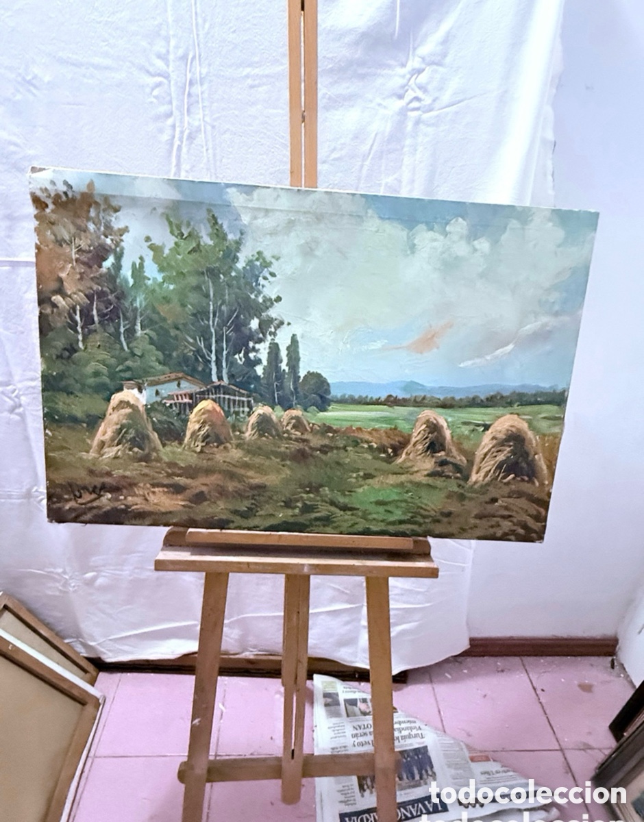 Art: &Oacute;leo sobre lienzo patio con jard&iacute;n y casa mediterr&aacute;nea. Firmado Villarejo. 73X50 cm.