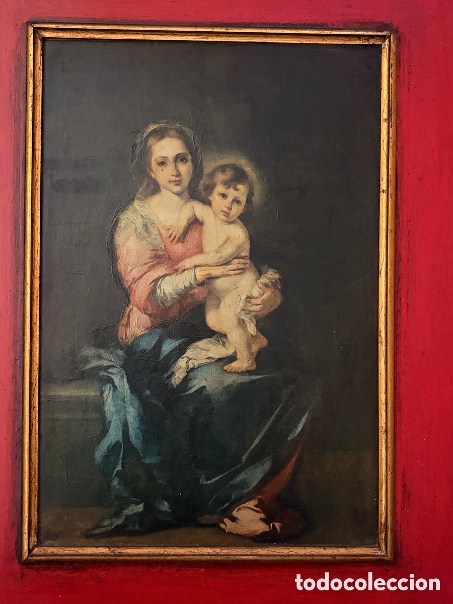 Arte: Cuadro Virgen con el Ni&ntilde;o estilo Murillo - &Oacute;leo sobre tabla antiguo con marco rojo