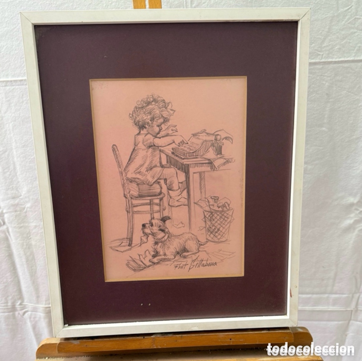 Kunst: Dibujo humor&iacute;stico infantil firmado Font Sellabona - Ni&ntilde;o escribiendo con perro. Tinta sobre papel