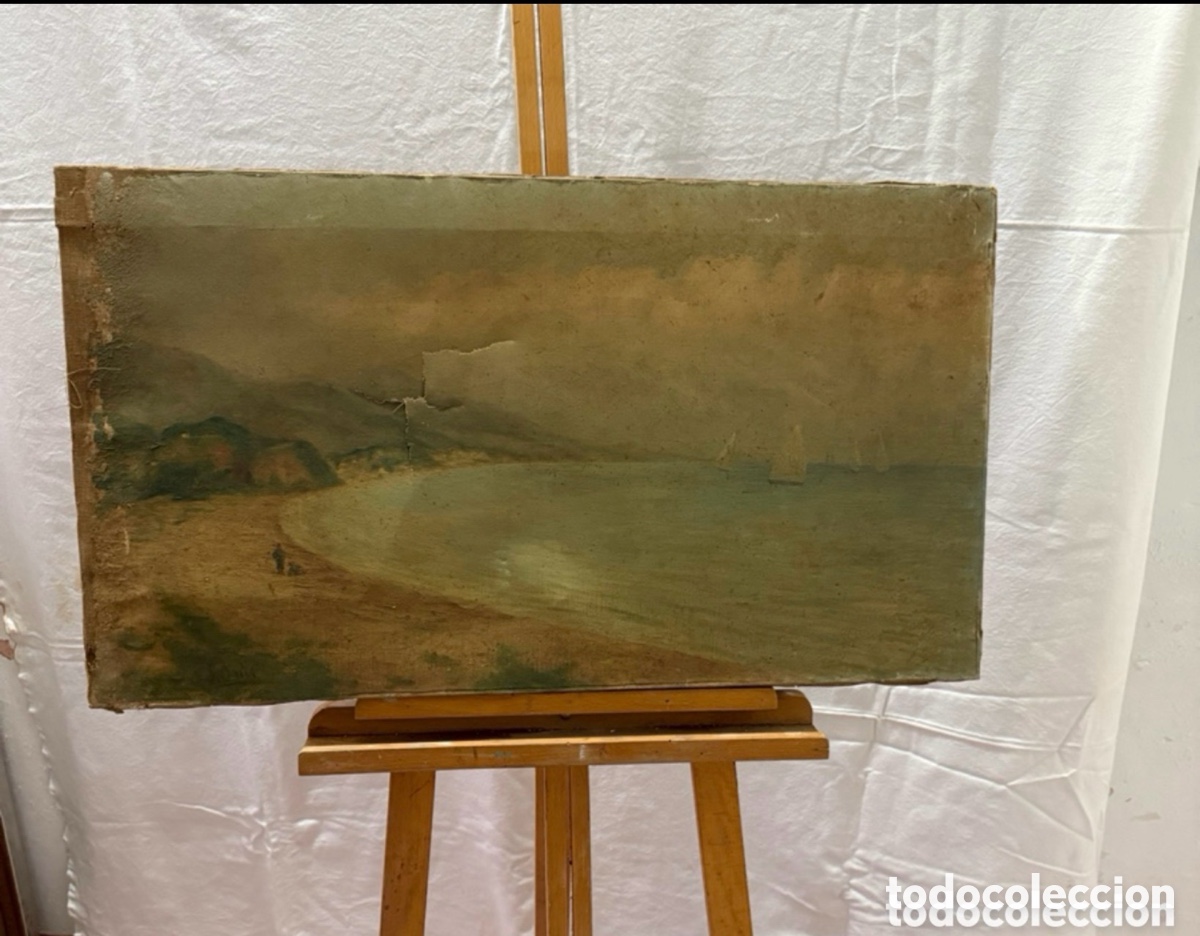 Arte: Jos&eacute; Arias Ram&iacute;rez (atr.) - Marina Mediterr&aacute;nea con Veleros y Bah&iacute;a - &Oacute;leo sobre Lienzo, SXIX.