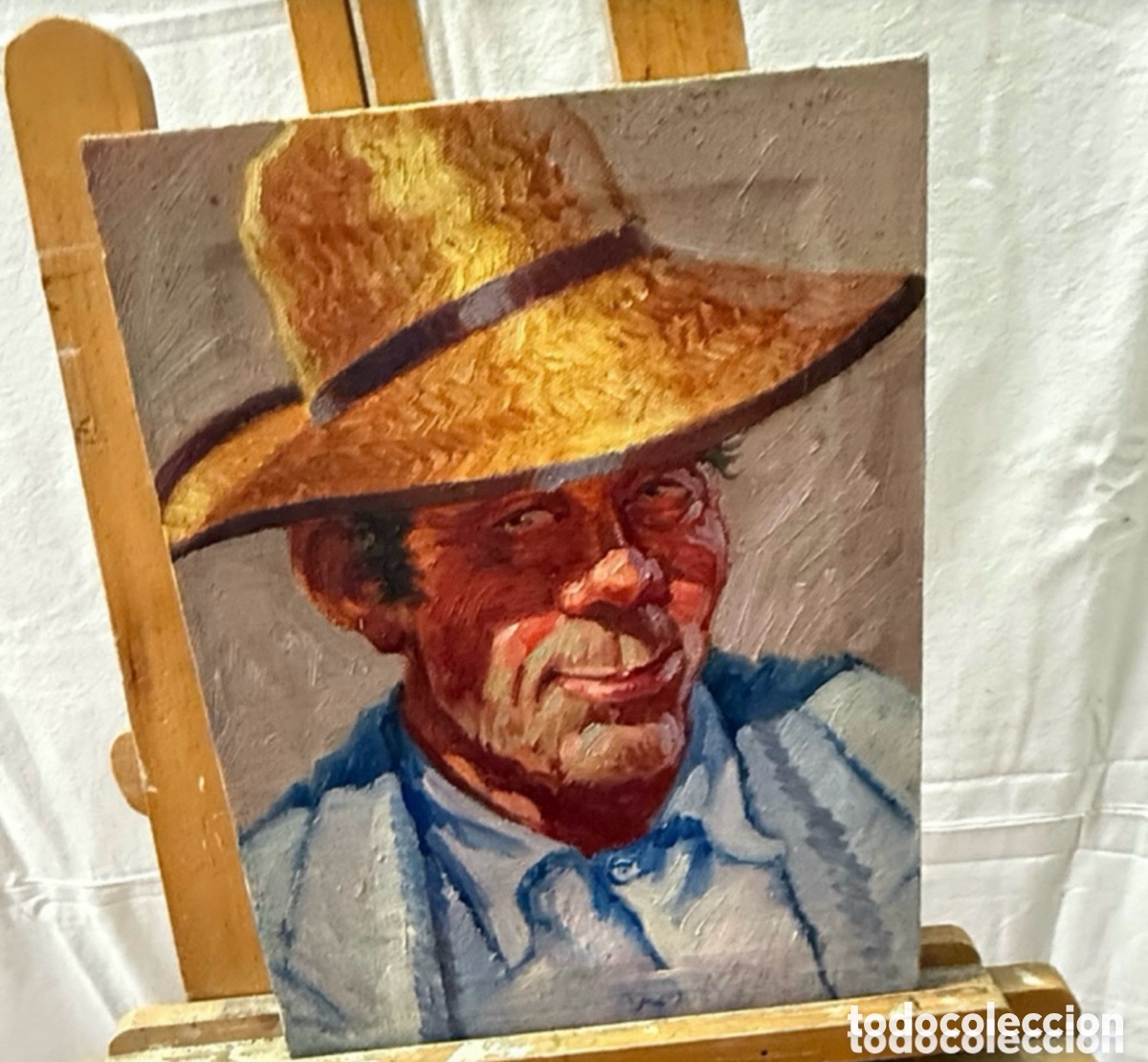Arte: Jose Font Sellabona - Retrato de campesino andaluz con sombrero - &oacute;leo sobre lienzo