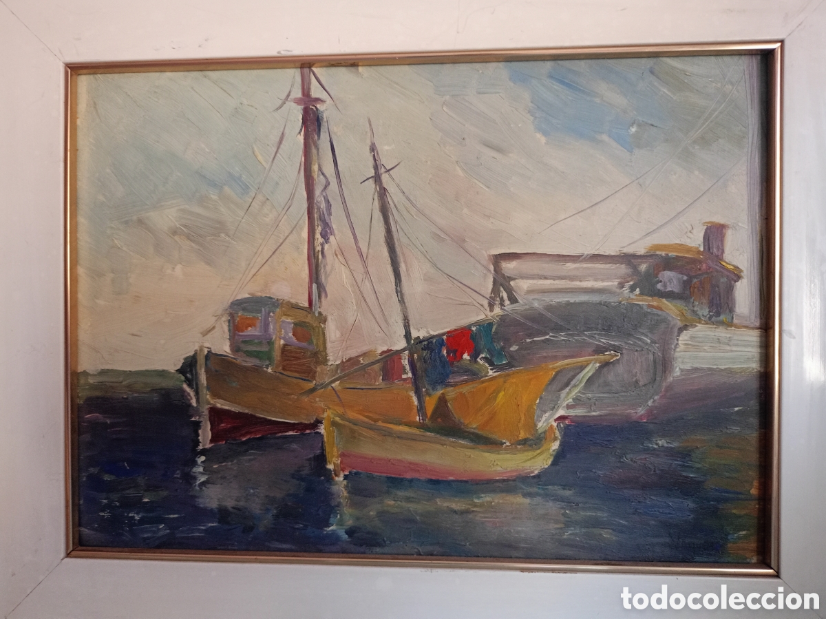 Arte: &Oacute;leo sobre lienzo pintura original cuadro Miguel Vaquer 1910-1988 barcos de pesca