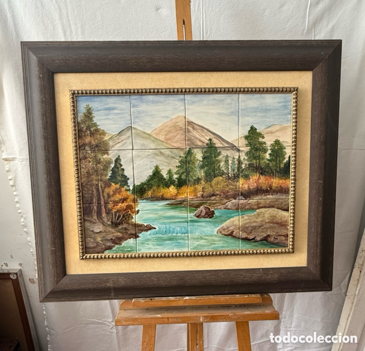 Arte: Panel cer&aacute;mico pintado a mano paisaje sobre 12 azulejos firmado Puri 60x46 cm