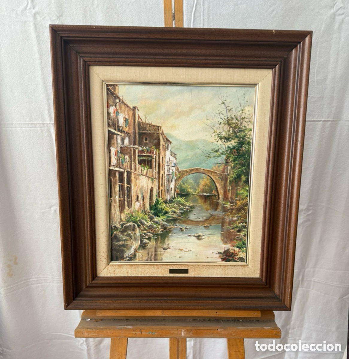 Arte: Joan Cantal paisaje de pueblo &oacute;leo sobre lienzo firmado enmarcado escuela catalana