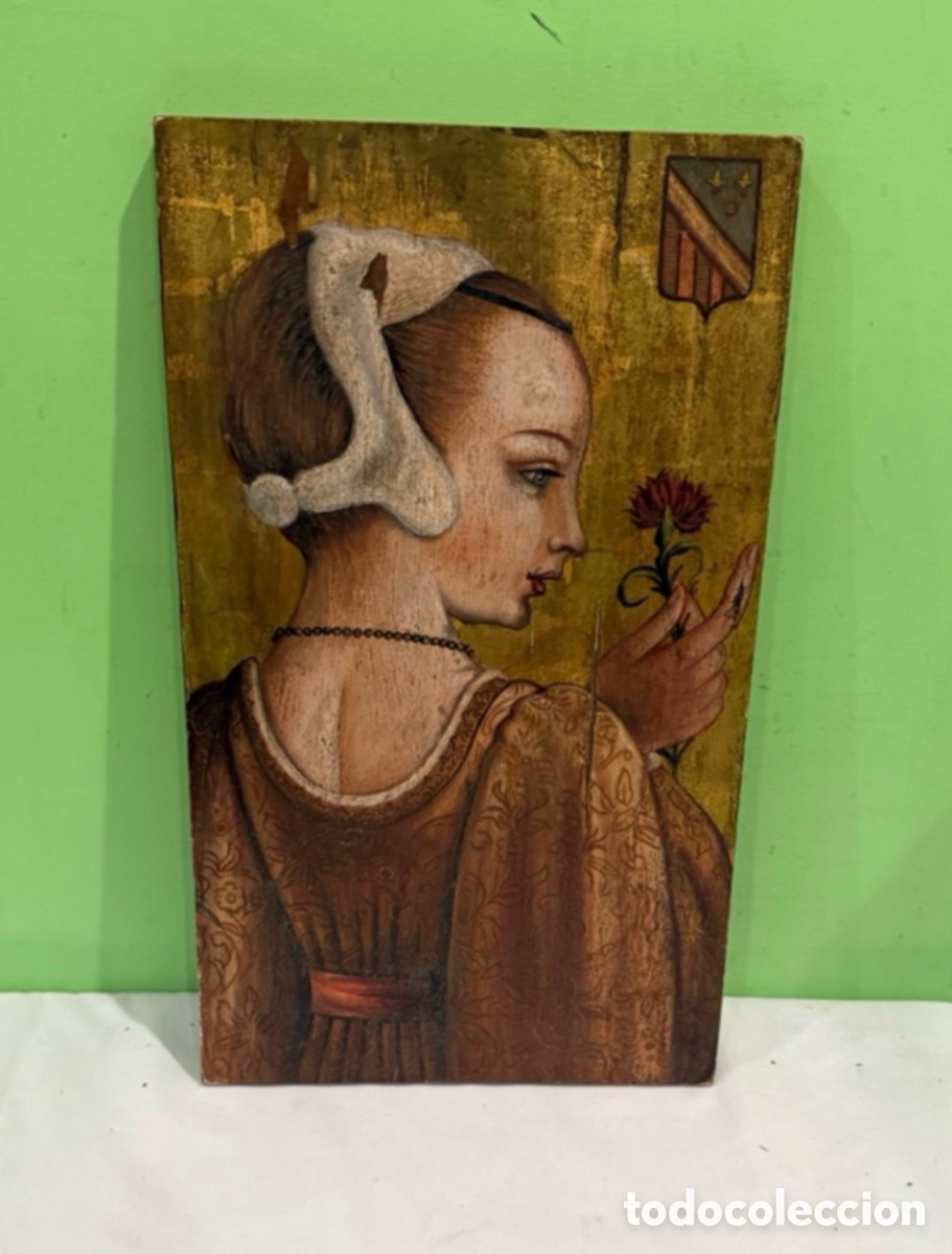 Kunst: Panel de madera pintado - Retrato femenino estilo medieval/renacentista - Decoraci&oacute;n art&iacute;stica