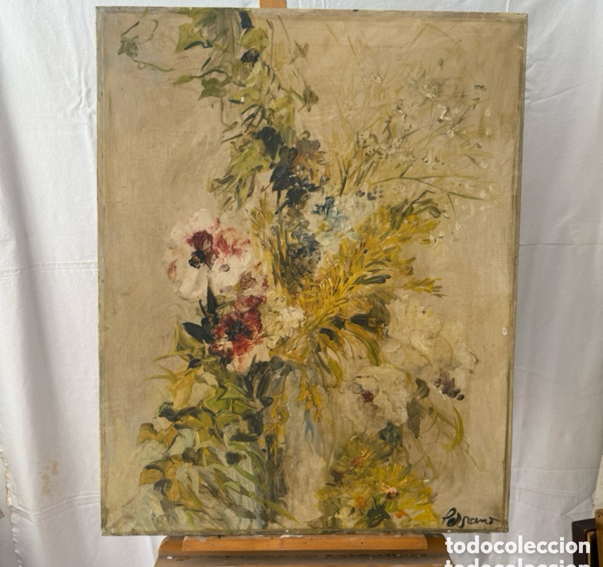 Kunst: Josep Miquel Serrano i Serra 1912 1982 Flores mediterr&aacute;neas &oacute;leo sobre lienzo gran formato (81X65cm