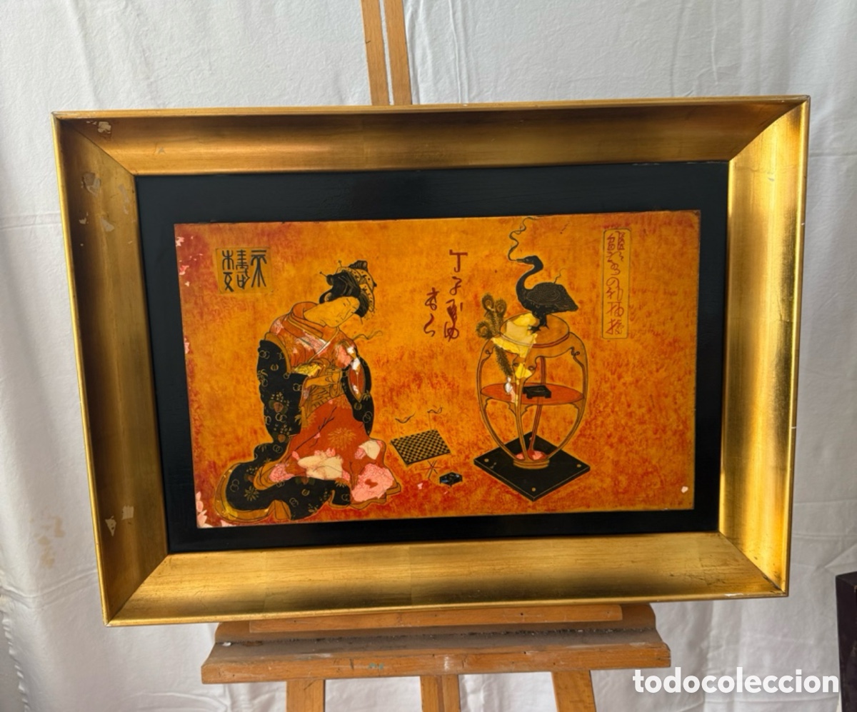 Arte: &Oacute;leo sobre tablex oriental firmado geisha y grulla firmado