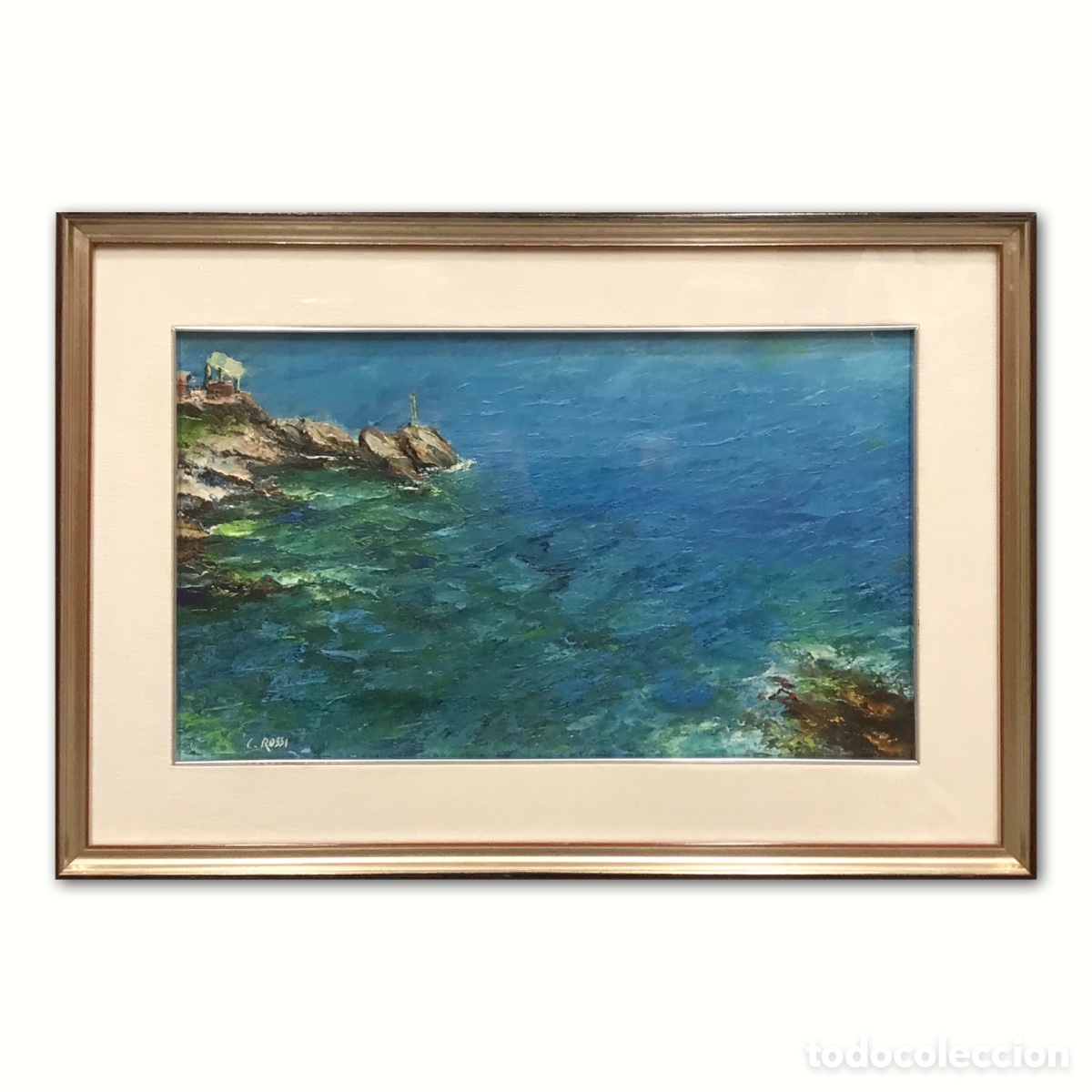 Arte: &rdquo;Isla Italiana y Acantilados en Mar Turquesa&rdquo; Carlo Rossi (1921-2010), a&ntilde;os 80-90 del S.XX aprox