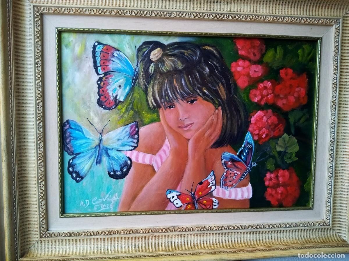 Arte: &Oacute;leo Original sobre Lienzo &rdquo;Inocencia y Mariposas&rdquo; - Retrato Infantil 55*38 cm