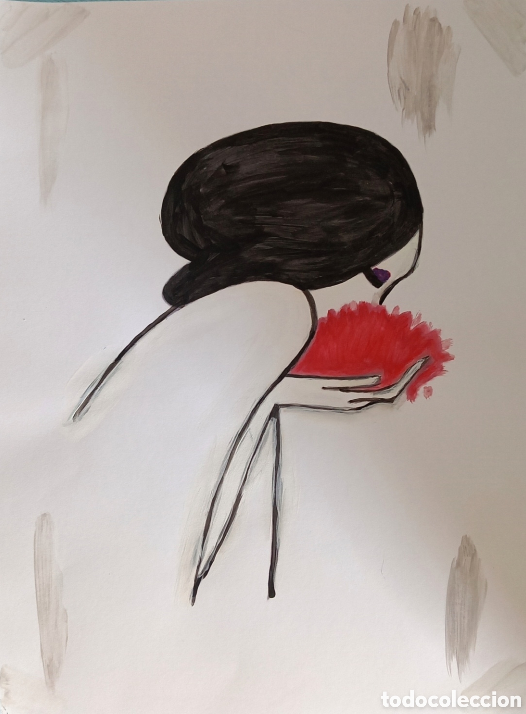 Art: Original pintura mujer con flor trazos (1) (t&eacute;cnica mixta) acuarela y acr&iacute;lico sobre cartulina 30,3c