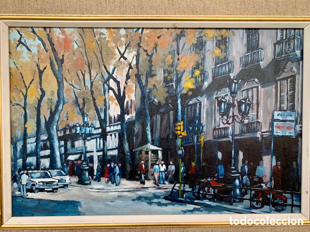 Arte: Sin firmar, rambla dels estudis (Barcelona),oleo doble madera, 48x31 obra y 64x47 con marco