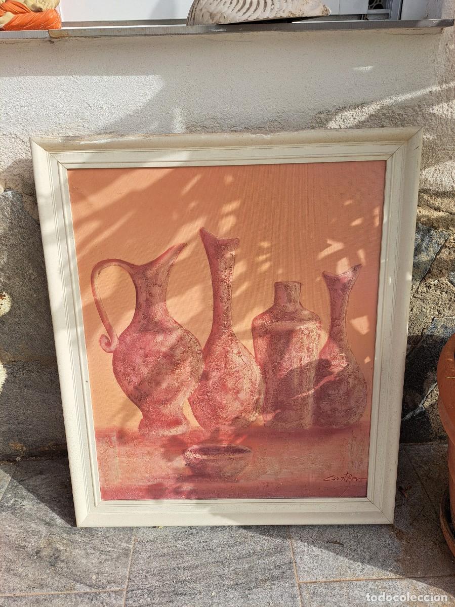 Arte: Precioso cuadro en acr&iacute;lico relieves, bodegon de bucaros y botijos