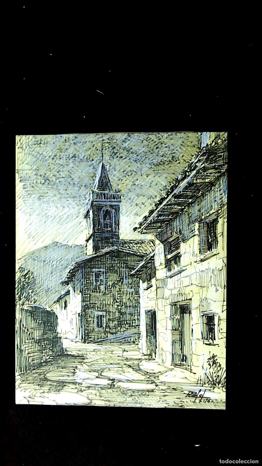 Arte: Rafel - Calle con torre iglesia - 38x30 cm - Dibujo