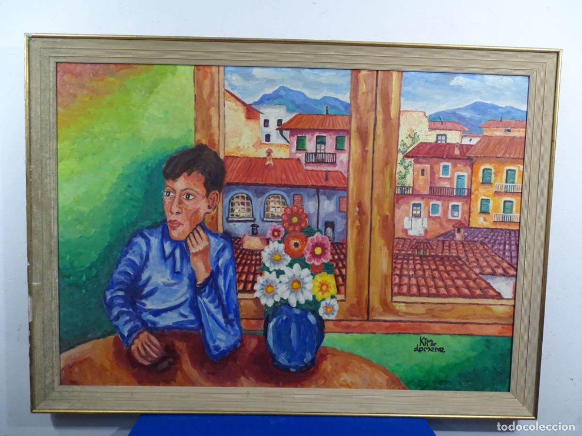 Arte: GRAN OLEO EXPRESIONISTA SOBRE TELA KIM DOMENE. RETRATO CON PAISAJE OLOT AL FONDO.