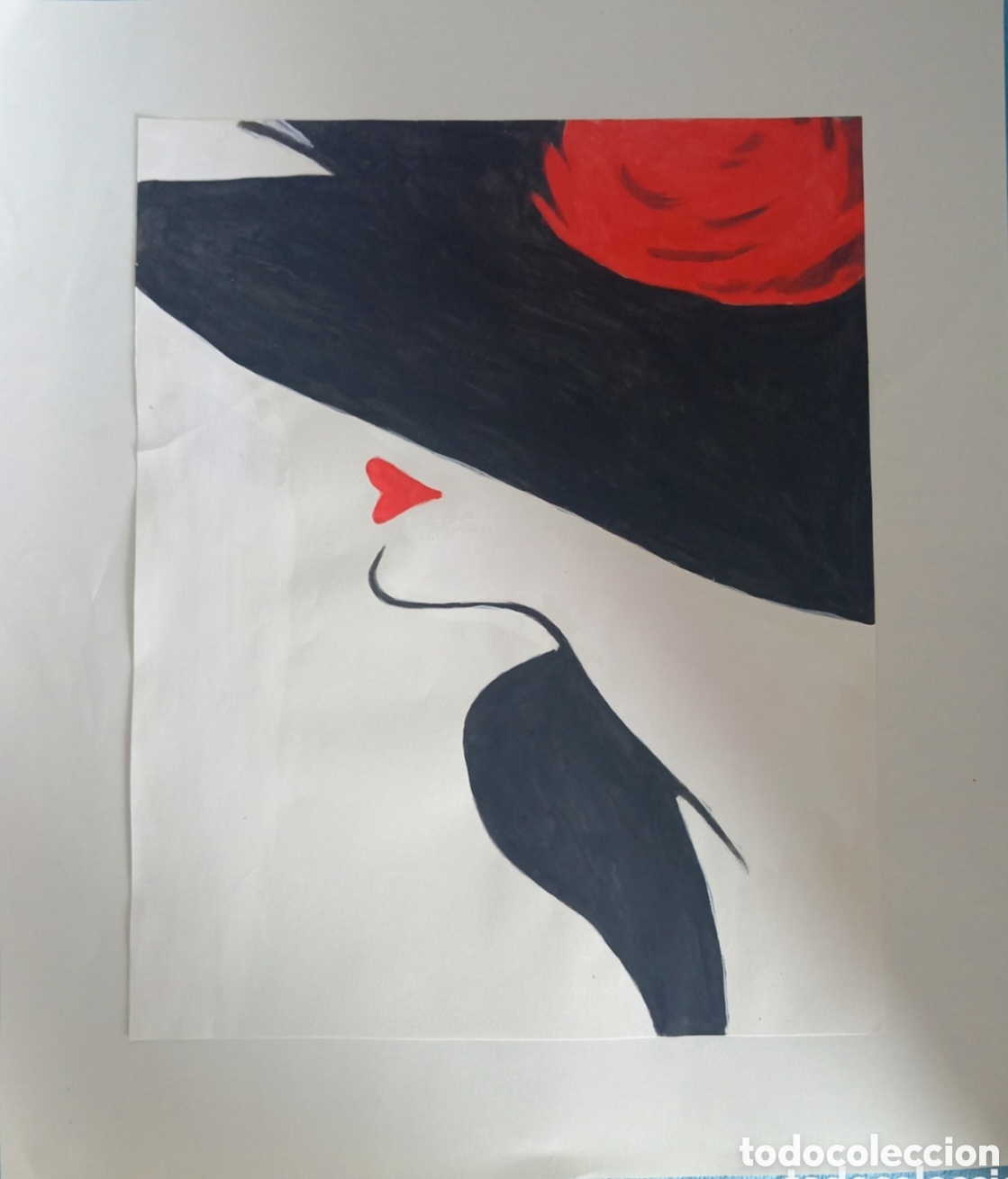 Arte: Original pintura mujer con sombrero trazos (18) (t&eacute;cnica mixta) acuarela y acr&iacute;lico sobre papel...