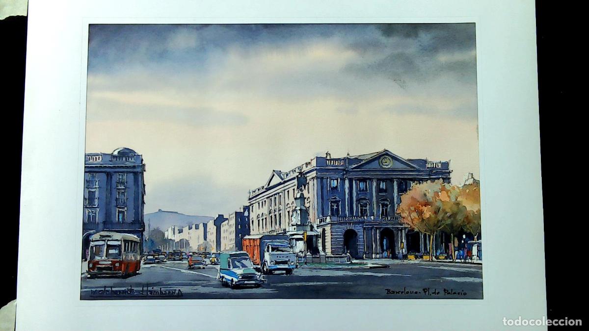 Arte: W Olabarrieta - Calle con tr&aacute;fico urbano - 70x50 cm - Acuarelas