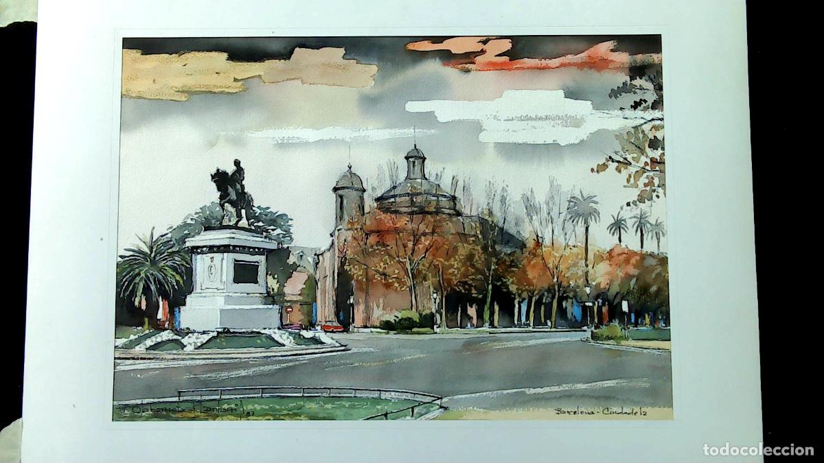 Arte: W Olabarrieta - Plaza con estatua - 70x50 cm - Acuarelas