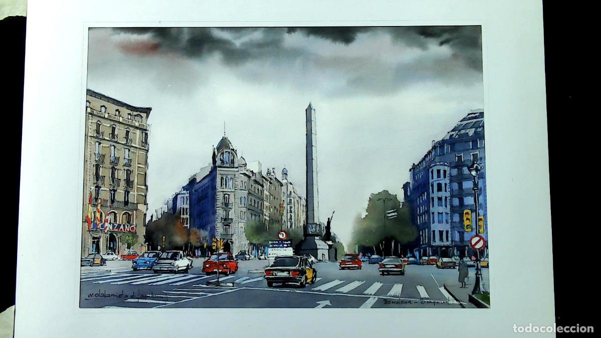 Arte: W Olabarrieta - Calle con monumento - 70x50 cm - Acuarelas