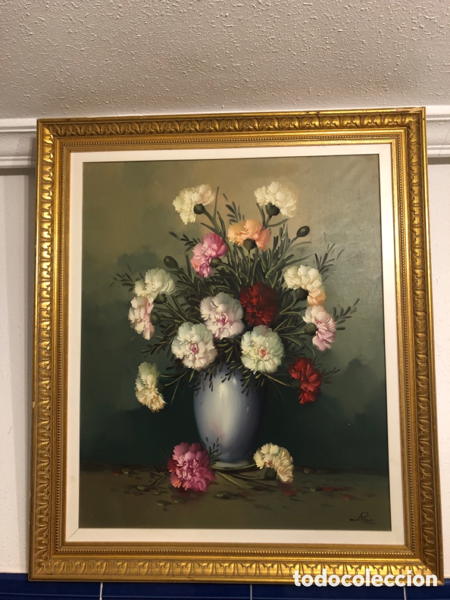 Arte: &Oacute;leo sobre lienzo-Bodeg&oacute;n floral con marco dorado-Gran Formato 87 po 76 cm
