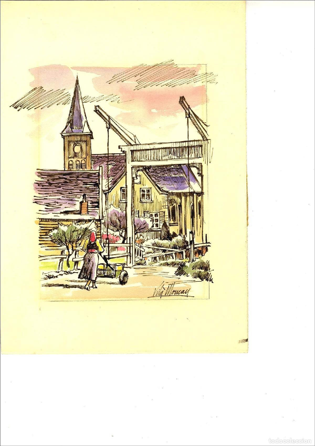 Arte: Vila Moncau - Casa con escaleras - 35x25 cm - Acuarelas