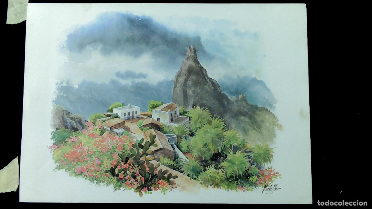 Arte: Vidaller - Pueblo en la monta&ntilde;a - 50x35 cm - Acuarelas