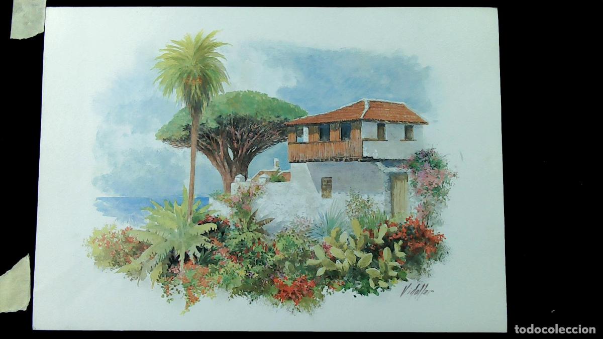 Arte: Vidaller - Casa con jard&iacute;n tropical - 50x35 cm - Acuarelas