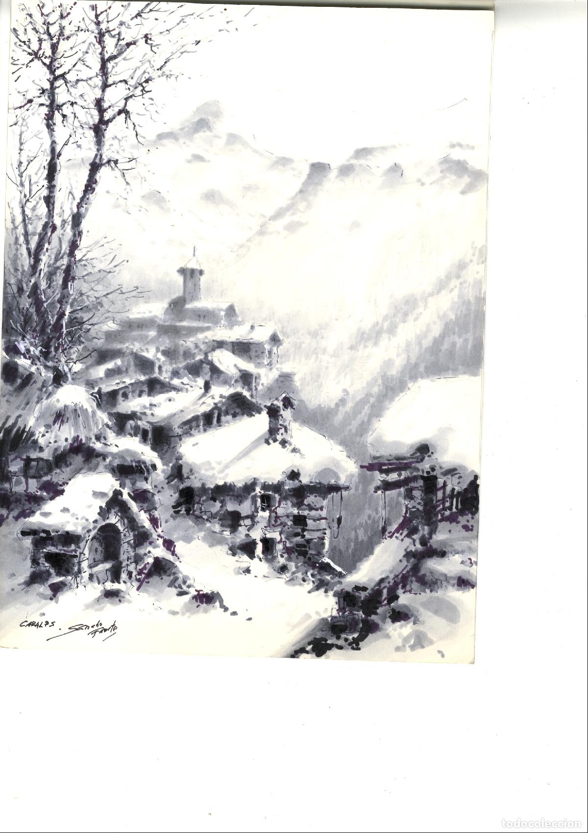 Arte: Sancho Fauste - Paisaje invernal con casas - 35x25 cm - Acuarelas