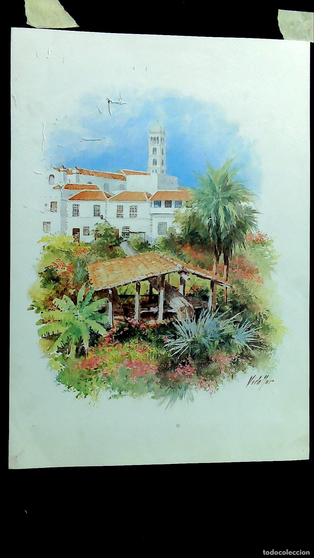 Arte: Vidaller - Casa con jard&iacute;n tropical - 50x35 cm - Acuarelas