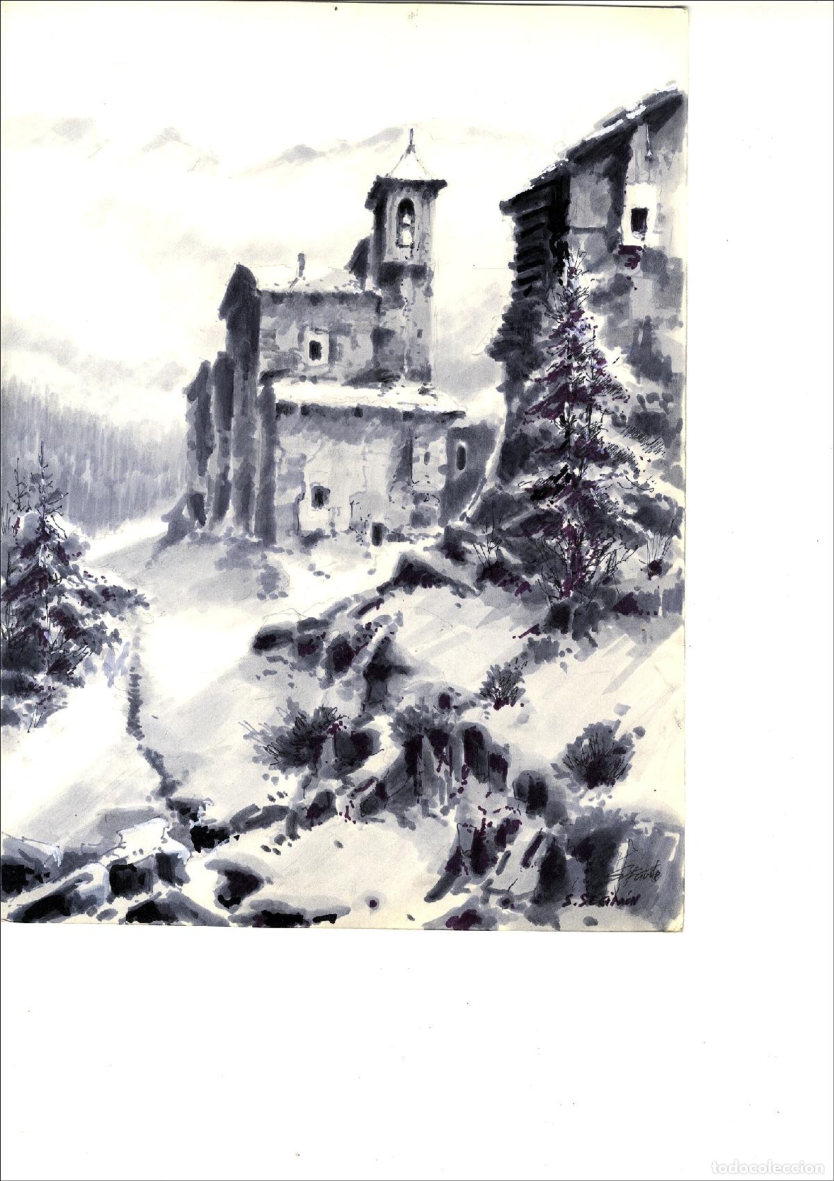 Arte: Sancho Fauste - Edificio en la ladera - 35x25 cm - Acuarelas