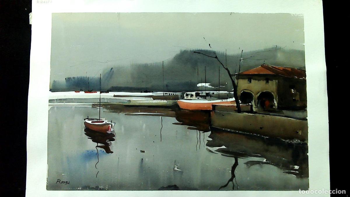 Arte: Rozas - Barcos en el muelle - 70x50 cm - Acuarelas